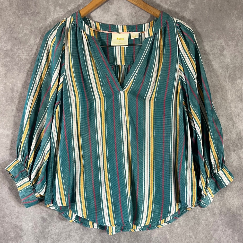 Maeve‎ Anthropologie V-Neck Blouse Women XS Teal Multi Stripe Balloon Sleeve Top